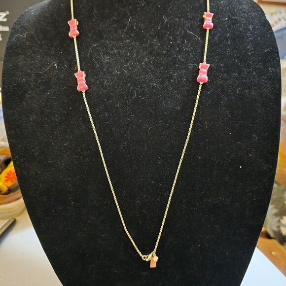 Kate Spade Pink Enamel Bow Gold Plated Chain Necklace 32" - Picture 3 of 4
